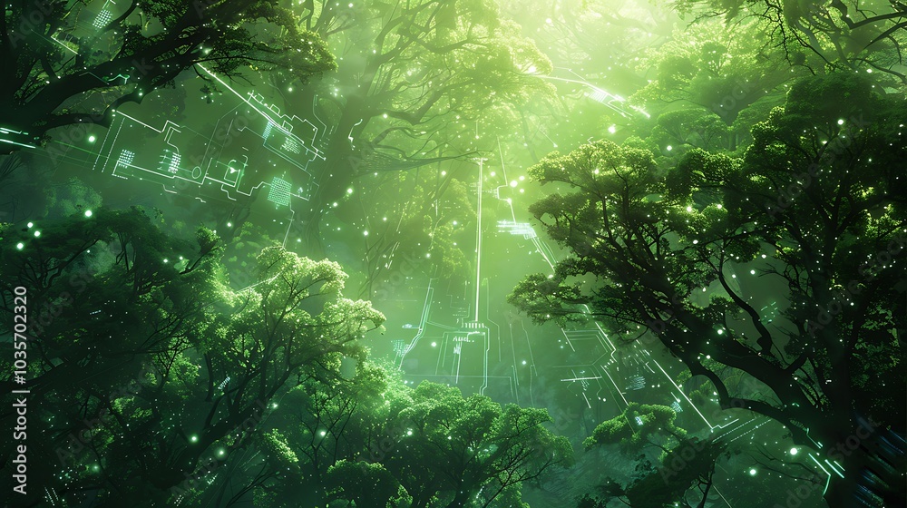 Fototapeta premium A mystical forest scene illuminated by green light, featuring ethereal structures amidst lush foliage.
