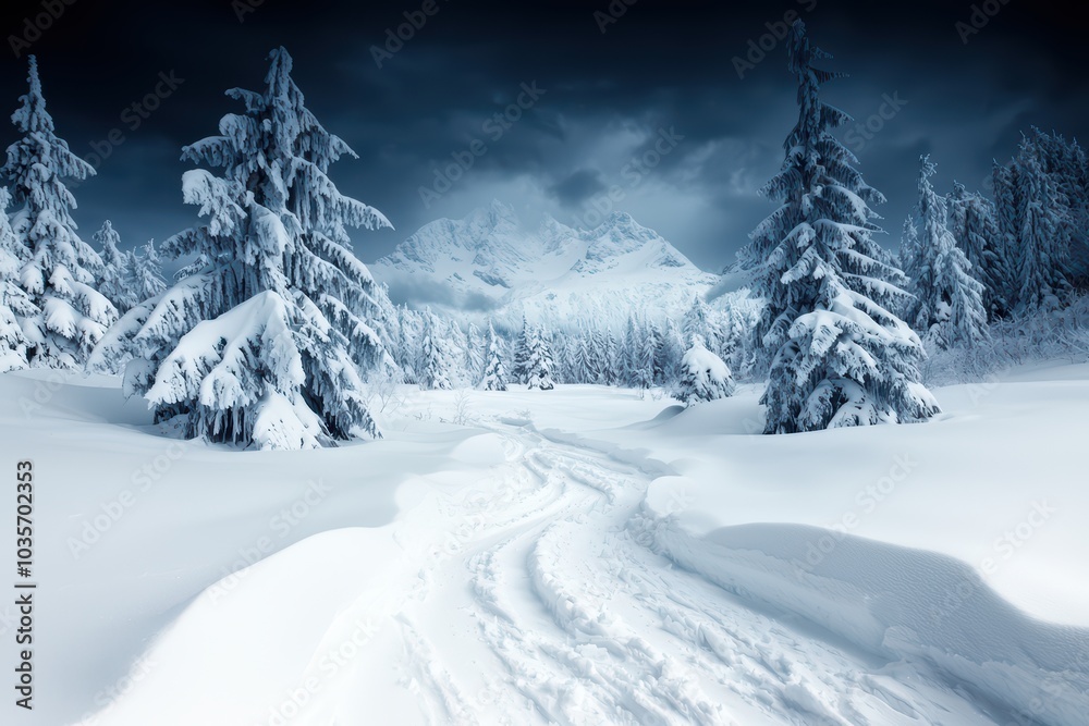 Snow-covered landscape with tall trees and a winding path under a cloudy sky. Snow-covered landscape with tall trees and a winding path under a cloudy sky.