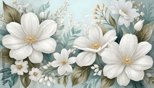 Elegant white flower arrangement with soft leaves on a light blue background