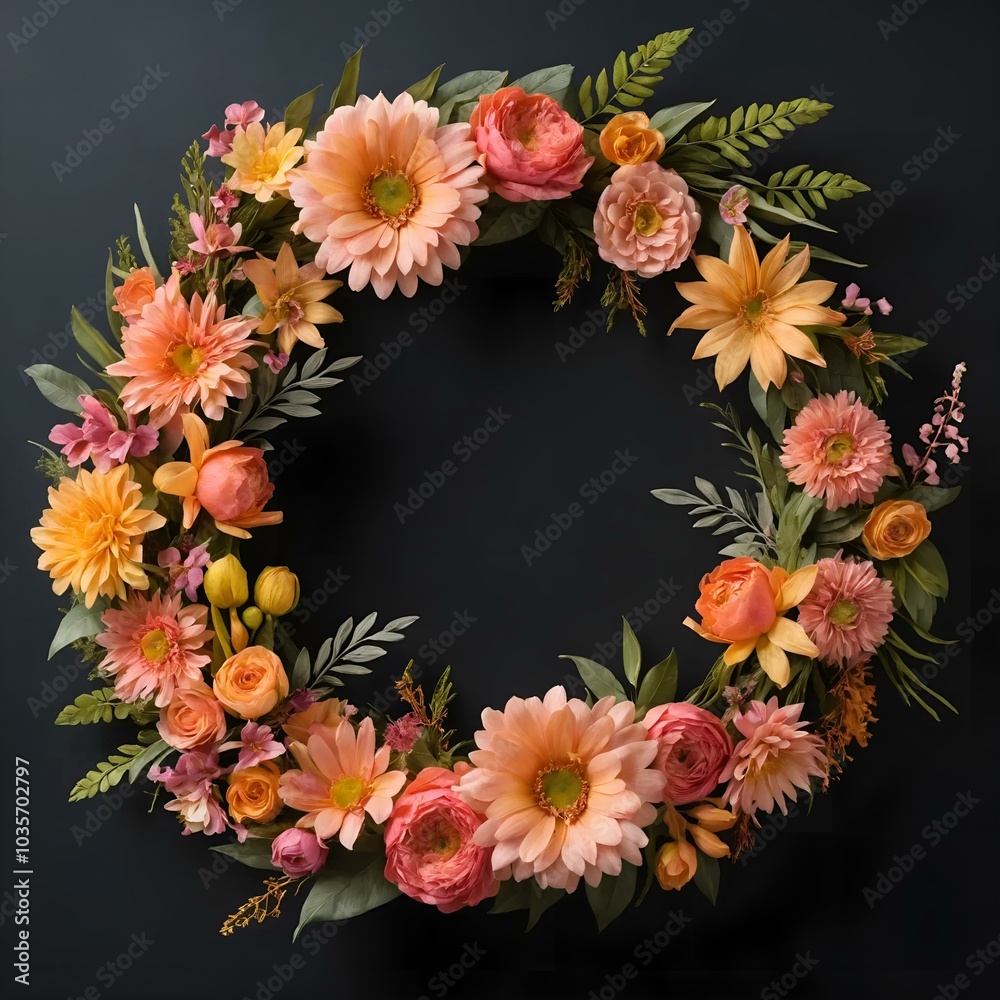 Fototapeta premium Vibrant floral wreath composed of pink and orange flowers against a dark background