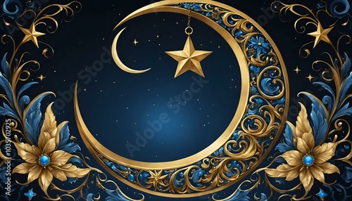 Ornate crescent moon and star design with floral elements on dark blue background