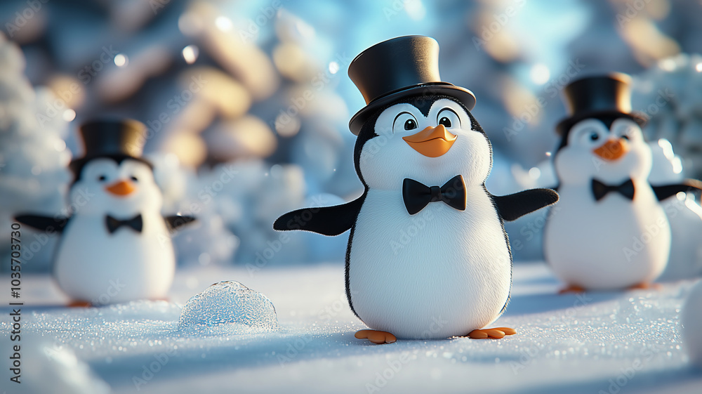 Obraz premium Charming penguins in top hats celebrating winter fun