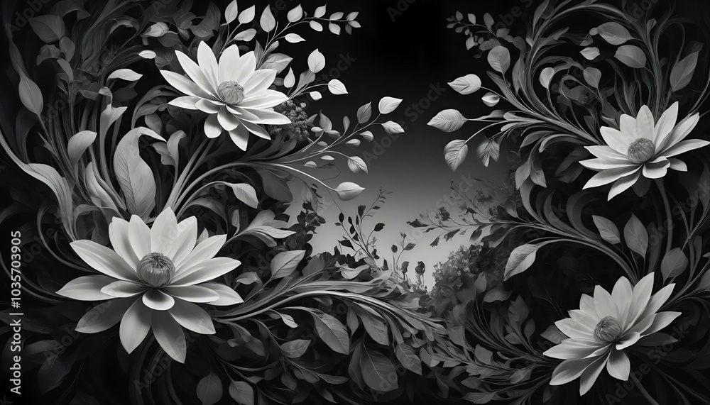 Monochrome floral artwork with intricate leaf patterns and white flowers on dark background Monochrome floral artwork with intricate leaf patterns and white flowers on dark background