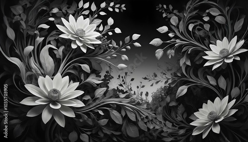 Wallpaper Mural Monochrome floral artwork with intricate leaf patterns and white flowers on dark background Torontodigital.ca