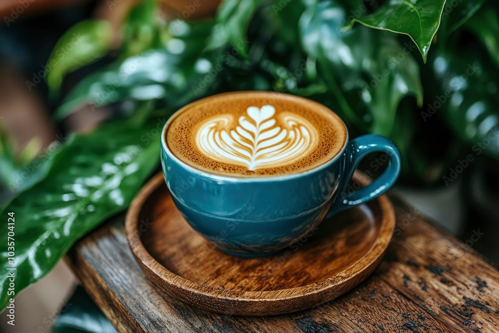 A Blue Mug of Latte Art on a Wooden Table with Lush Greenery A Blue Mug of Latte Art on a Wooden Table with Lush Greenery