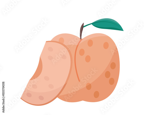 Sliced fruit sticker. Natural and organic fresh peach. Healthy eatings and vitamins. Proper nutrition and diet. Template and layout. Flat vector illustration