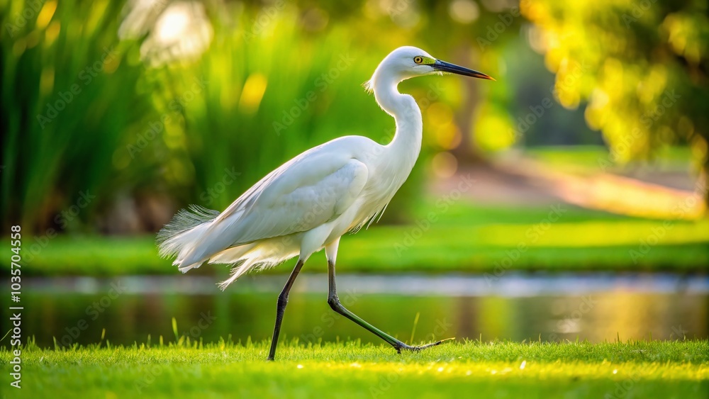 Fototapeta premium Elegant White Heron Walking Gracefully in Park Lawn - Nature Photography