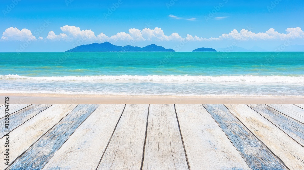 Fototapeta premium A wooden table overlooking the ocean with an island in the distance and a bright blue sky, creating a peaceful and scenic view.