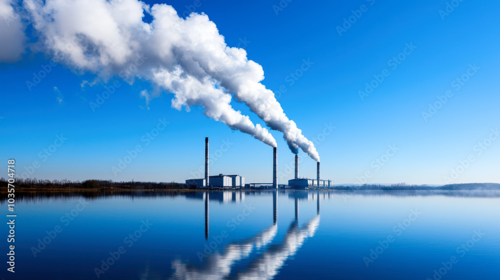 image showcases serene landscape with industrial smokestacks releasing white smoke into clear blue sky, reflecting beautifully on calm water surface image showcases serene landscape with industrial smokestacks releasing white smoke into clear blue sky, reflecting beautifully on calm water surface