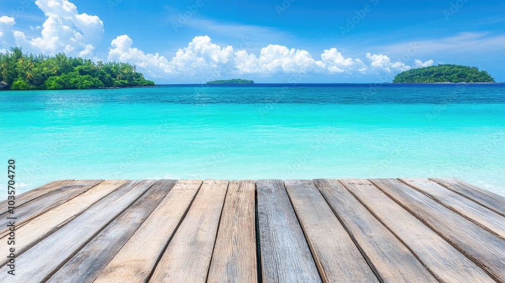 Fototapeta premium A wooden table overlooking the ocean with an island in the distance and a bright blue sky, creating a peaceful and scenic view.
