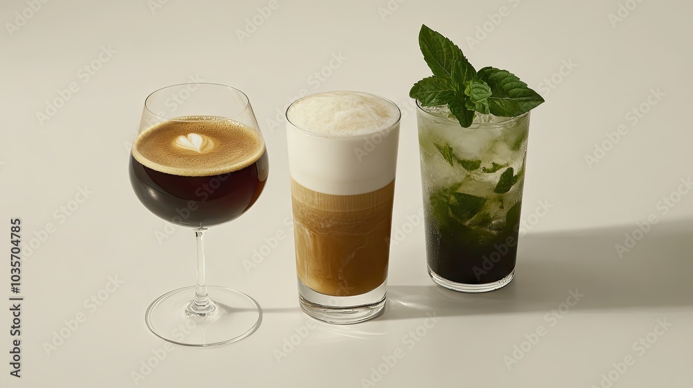 A world of drinks including a glass of red wine, a cup of espresso, and a cold refreshing mojito on a clean white background. A world of drinks including a glass of red wine, a cup of espresso, and a cold refreshing mojito on a clean white background.