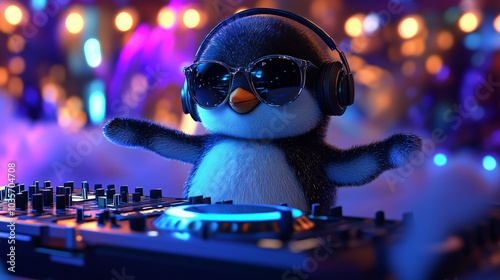 Cool penguin DJ spinning tracks at a lively party