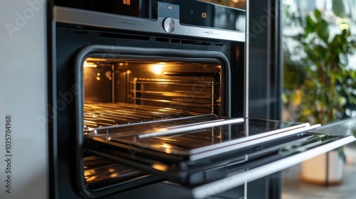 A modern oven with an open door, showcasing its interior and lighting.