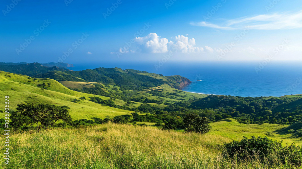 Obraz premium An island with rolling hills and panoramic views of the ocean.