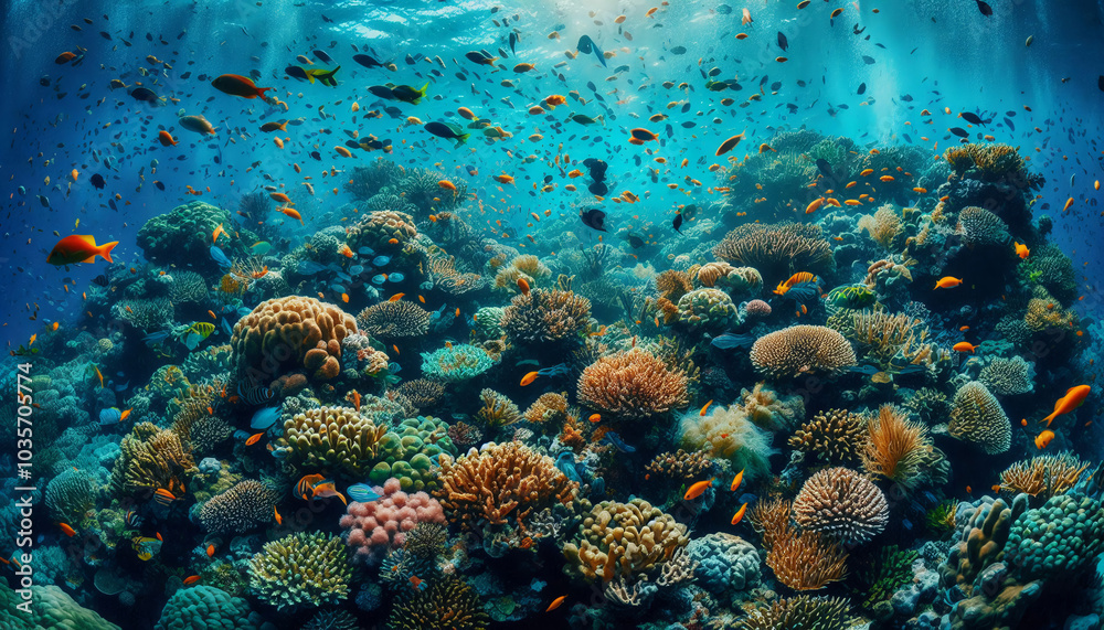 An underwater view of a once-thriving coral reef, now littered with dead coral and decaying marine life. An underwater view of a once-thriving coral reef, now littered with dead coral and decaying marine life.