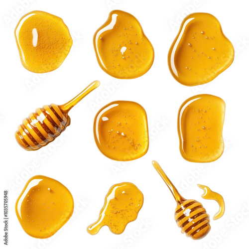 Set of honey splashes featuring thick, golden, sticky liquid drips and droplets on a white background.