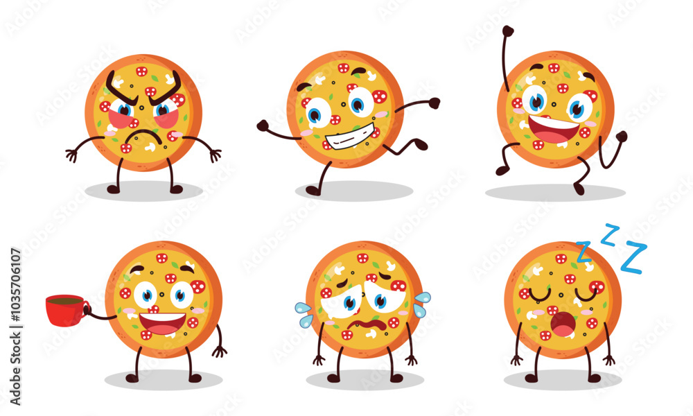 funny pizza cartoon character with various pose activity design illustration funny pizza cartoon character with various pose activity design illustration