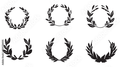 Set of simple monotone black logo of a laurel wreath and laurel arch with a minimalist path in the middle, on a white background