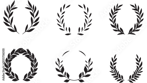 Set of simple monotone black logo of a laurel wreath and laurel arch with a minimalist path in the middle, on a white background