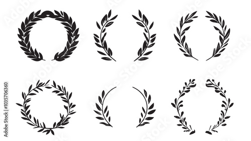 Set of simple monotone black logo of a laurel wreath and laurel arch with a minimalist path in the middle, on a white background