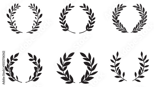 Set of simple monotone black logo of a laurel wreath and laurel arch with a minimalist path in the middle, on a white background
