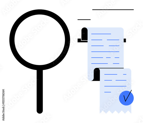 Large magnifying glass beside a document roll with a blue checkmark. Ideal for research, quality control, auditing, document verification, and thorough examination. Simple clean style