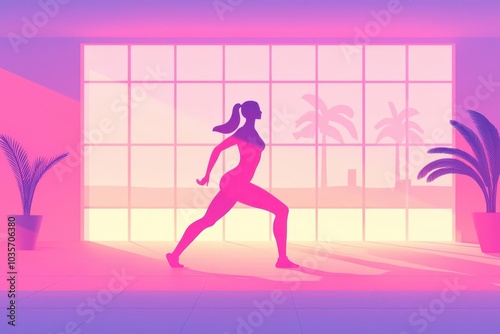 Athletic woman doing lunges in a bright gym, focused on leg strength, fitness goals, flat design illustration