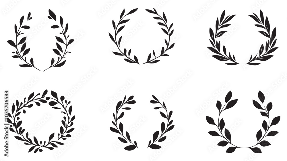 Set of simple monotone black logo of a laurel wreath and laurel arch with a minimalist path in the middle, on a white background