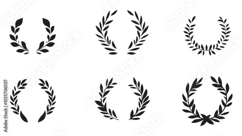 Set of simple monotone black logo of a laurel wreath and laurel arch with a minimalist path in the middle, on a white background