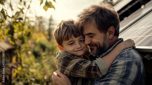 Happy father and son hugging outdoors in front of a solar panel,  representing family, love, and sustainability photo