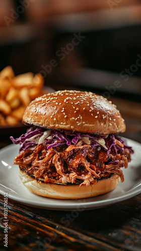 Bbq pulled pork sandwich with coleslaw is sitting on a toasted brioche bun on a white plate