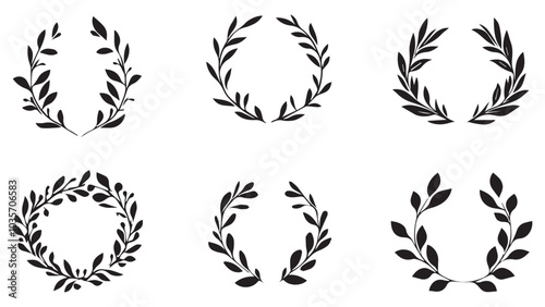 Set of simple monotone black logo of a laurel wreath and laurel arch with a minimalist path in the middle, on a white background