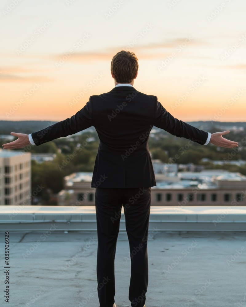 Fototapeta premium Confident businessman standing on rooftop with arms outstretched against sunset, symbolizing freedom and success.