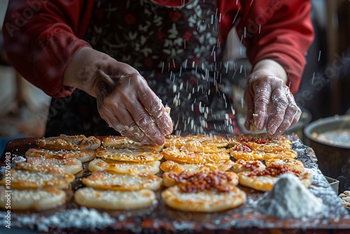Skilled hands prepare traditional snacks by kneading dough and adding colorful toppings, creating a delightful culinary experience in a vibrant kitchen setting
