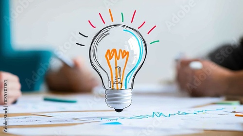 Creative light bulb illustration over a table with idea sketches and notes, symbolizing inspiration and innovation. photo