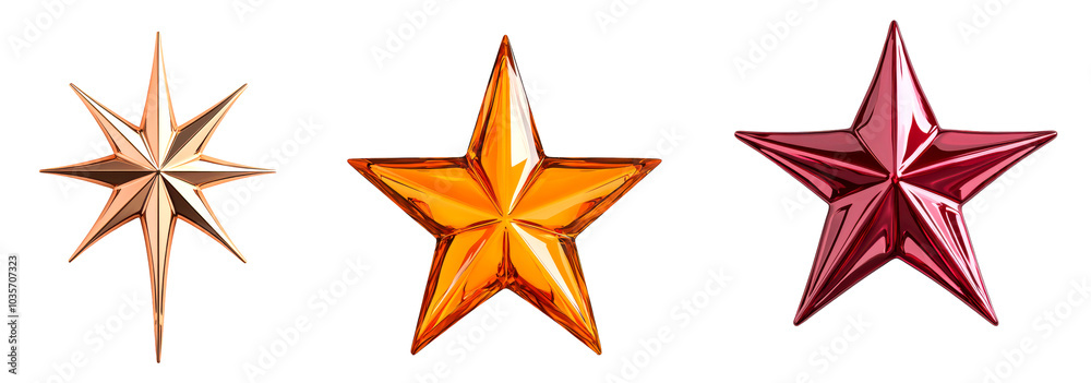 Obraz premium Three decorative stars in different colors isolate on transparent background, cutout, png