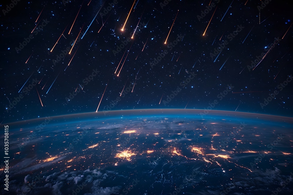 Stunning View of Earth with Meteor Showers Illuminating the Night Sky Stunning View of Earth with Meteor Showers Illuminating the Night Sky