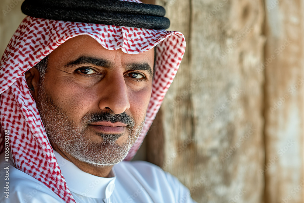 Portrait of a Qatari man in traditional thobe and ghutra, Qatar