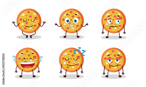 funny pizza cartoon with various expressions design illustration