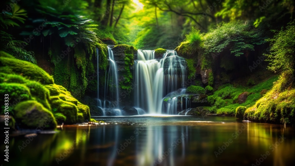 Enchanting Tilt-Shift Photography of a Dark Waterfall Amidst Lush Forest Surroundings