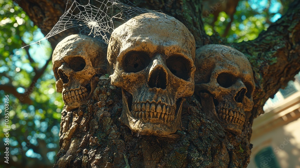 Three Skulls In Tree With Spider Web Three Skulls In Tree With Spider Web