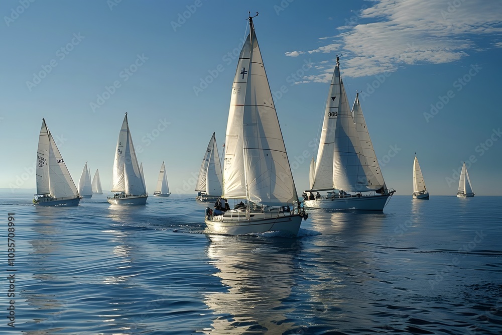 Tranquil Sailing: A Fleet of Yachts Gliding Across Calm Waters
