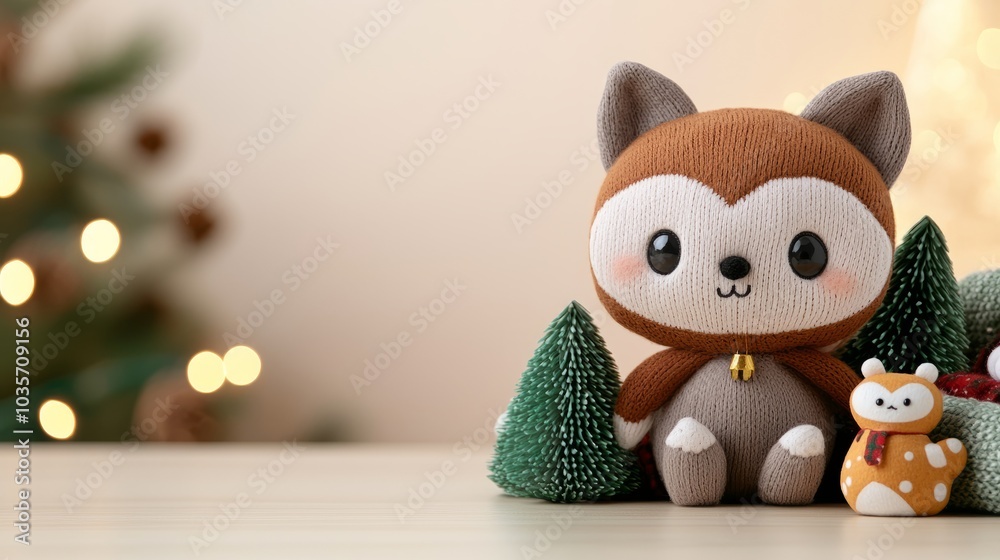Cute plush fox toy with trees, festive decoration, cozy indoor setting, perfect for holiday spirit and children's gift. Cute plush fox toy with trees, festive decoration, cozy indoor setting, perfect for holiday spirit and children's gift.