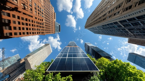 Solar Panels on High-Rise Rooftop with Urban Landscape