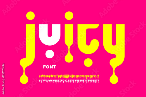 Juicy. Drops style font design, alphabet letters and numbers vector illustration