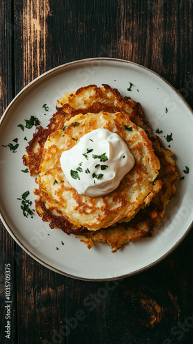 Golden brown potato pancakes served with sour cream and fresh herbs on a rustic wooden table photo