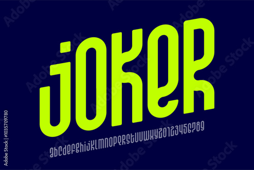 Joker. Condensed style modern font, alphabet letters and numbers vector illustration