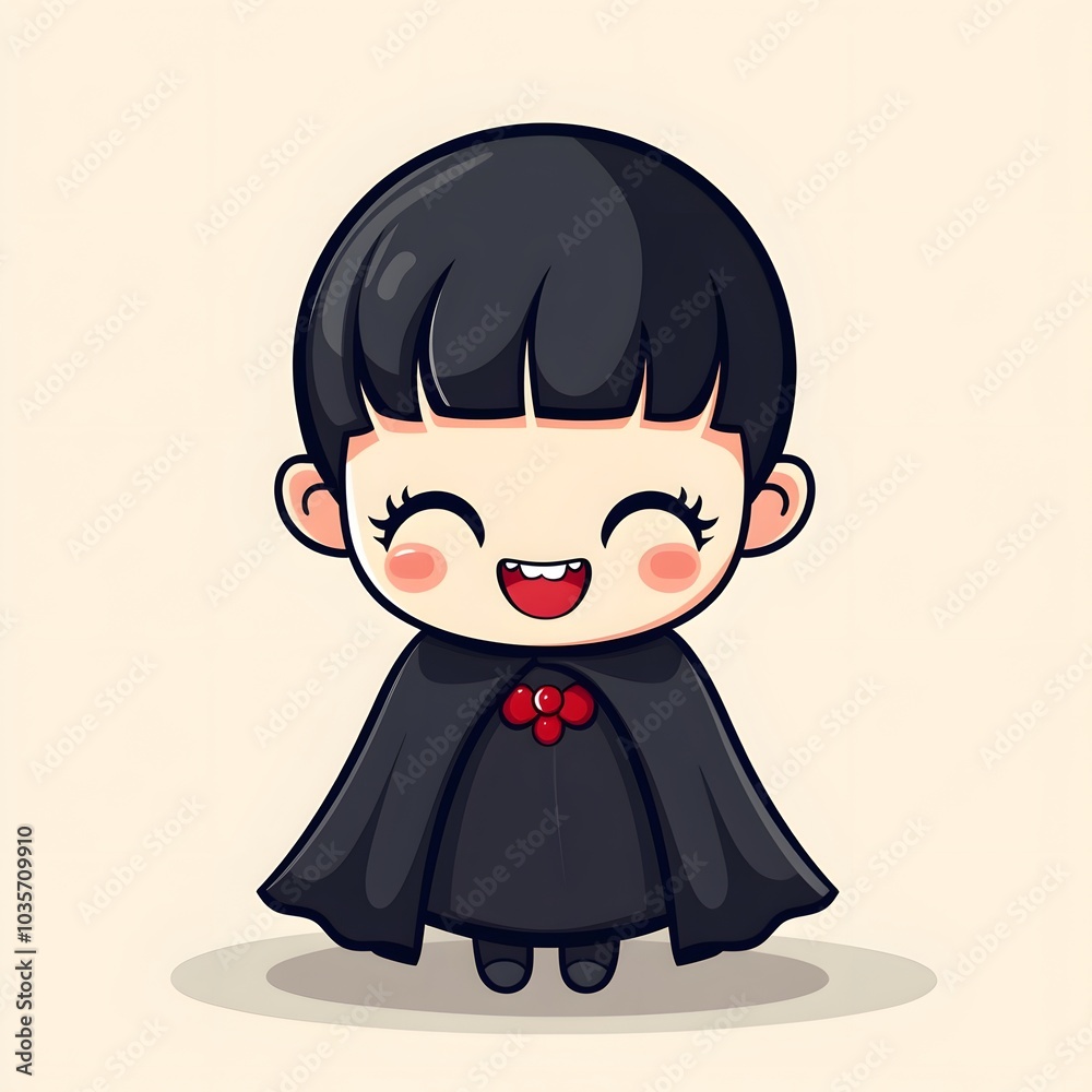 Cute Cartoon Girl in Black Cape with Big Smile Halloween Costume Illustration Cute Cartoon Girl in Black Cape with Big Smile Halloween Costume Illustration