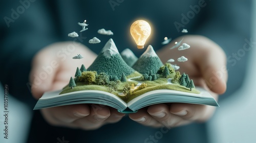 A person is holding an open book with a mountain range and a hot air balloon in the middle