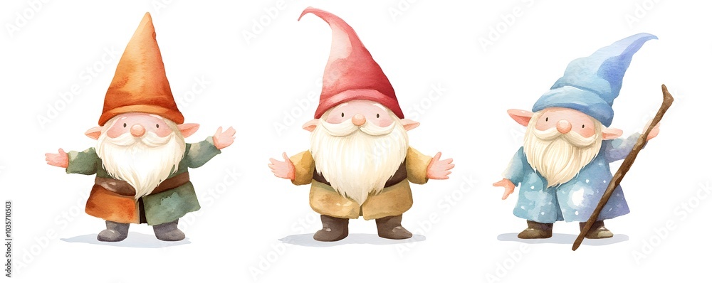 Obraz premium Cute Watercolor Gnomes with Red Orange and Blue Hats